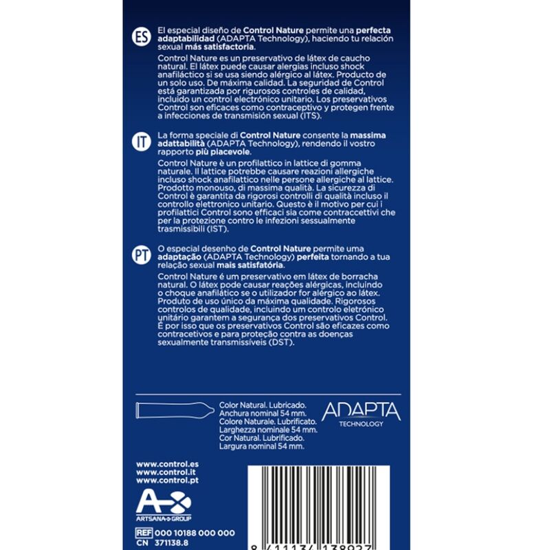CONTROL ADAPTA NATURE condoms pack of 6, featuring a sleek design and natural feel, displayed on a neutral background.
