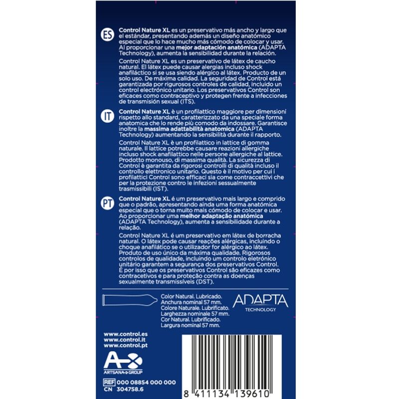 Control Adapta Nature XL condoms in a pack of 12, showcasing the eco-friendly packaging design and product details.