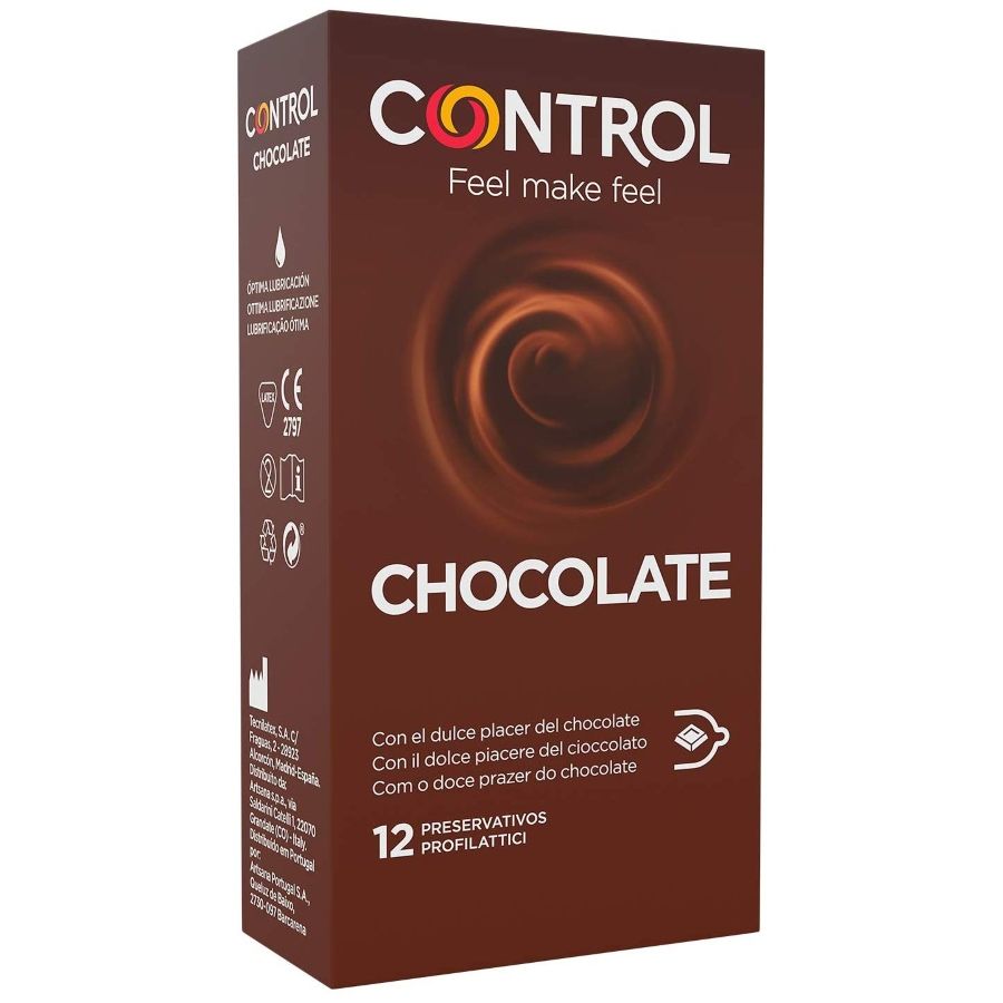 CONTROL chocolate condoms pack of 12 units with a sleek design and rich chocolate flavor.