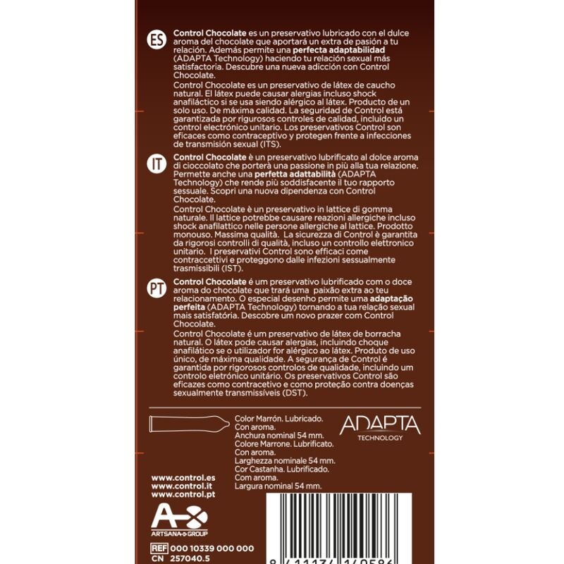 CONTROL Chocolate condoms pack of 12 units with a rich chocolate flavor, displayed in a sleek rectangular box.