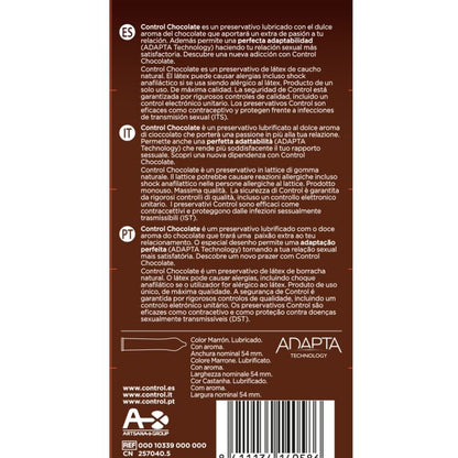 CONTROL Chocolate condoms pack of 12 units with a rich chocolate flavor, displayed in a sleek rectangular box.