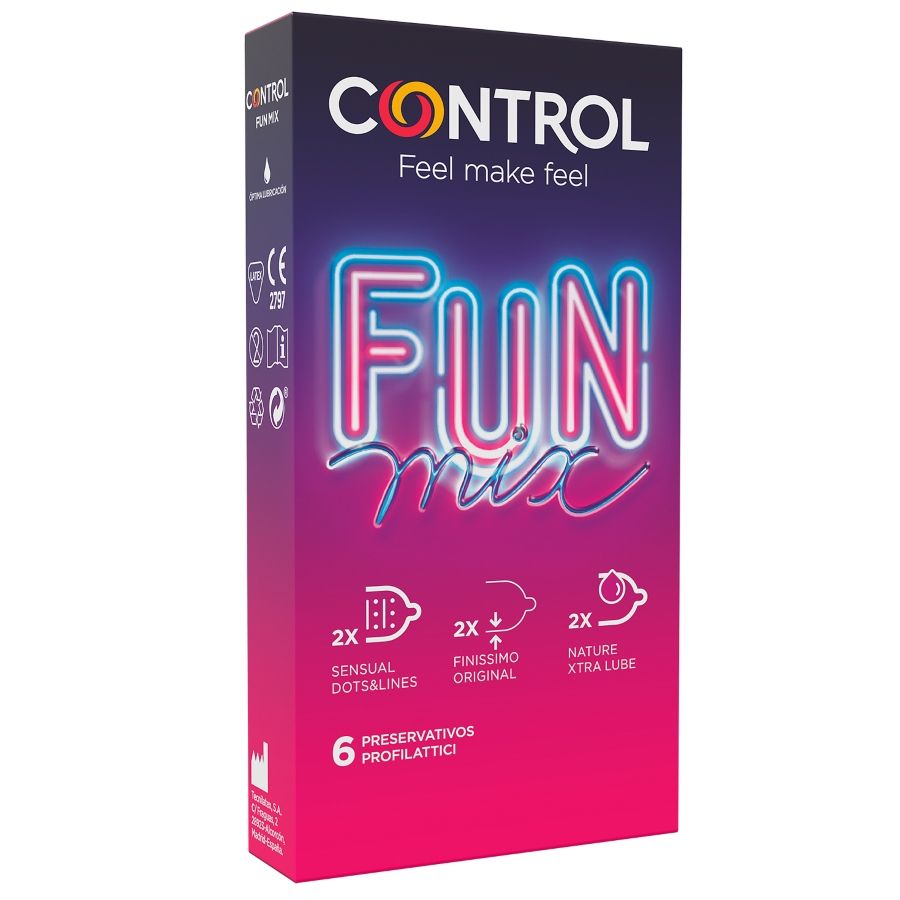 CONTROL FEEL FUN MIX condoms pack with six colorful wrappers, featuring a variety of textures and sensations.