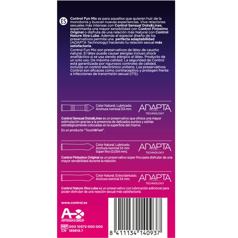 CONTROL FEEL FUN MIX condoms in assorted colors and textures, packaged in a box of six.