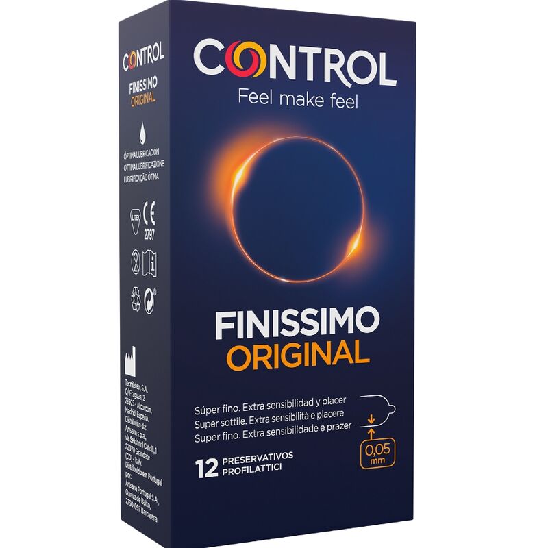 CONTROL Finissimo condoms package with 12 units, showcasing sleek design and brand logo on the front.