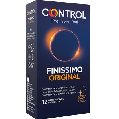 CONTROL Finissimo condoms package with 12 units, showcasing sleek design and brand logo on the front.