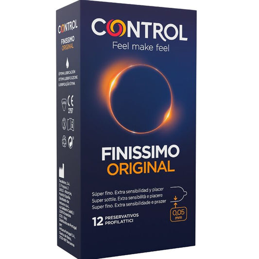 CONTROL Finissimo condoms package with 12 units, showcasing sleek design and brand logo on the front.