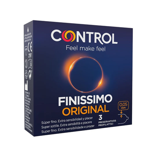 Control Finissimo condoms pack, featuring three ultra-thin condoms in a sleek, compact design.