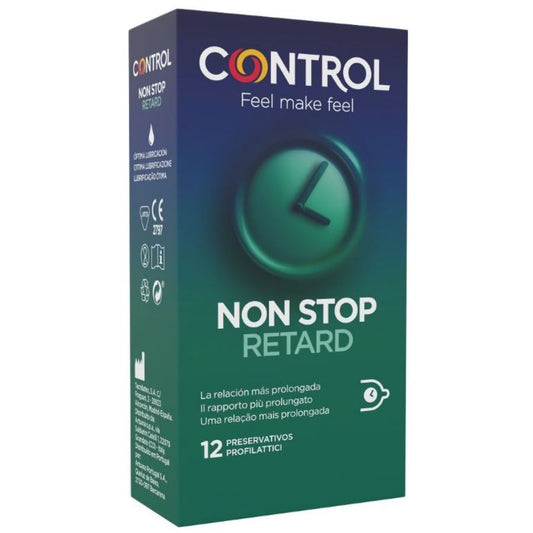 Paquete de 12 preservativos CONTROL Non Stop Retard de la marca CONTROL CONDOMS, en su empaque individual.