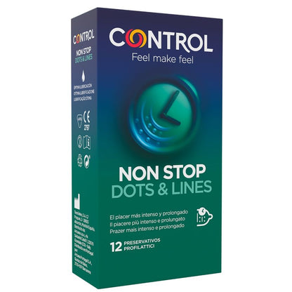 Preservativos CONTROL NONSTOP con puntos y estrías, paquete de 12 unidades, diseño para mayor placer y sensibilidad.