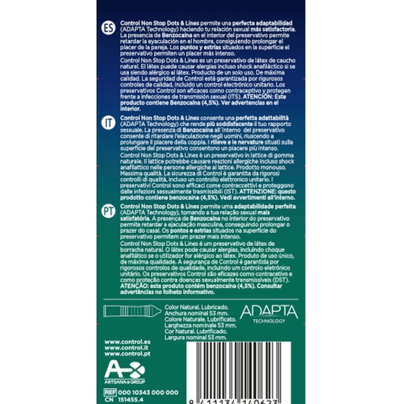 Preservativos CONTROL NONSTOP con puntos y estrías, paquete de 12 unidades, envase con texturas para mayor placer y seguridad.