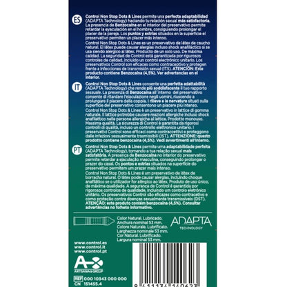 Preservativos CONTROL NONSTOP con puntos y estrías, paquete de 12 unidades, envase con texturas para mayor placer y seguridad.