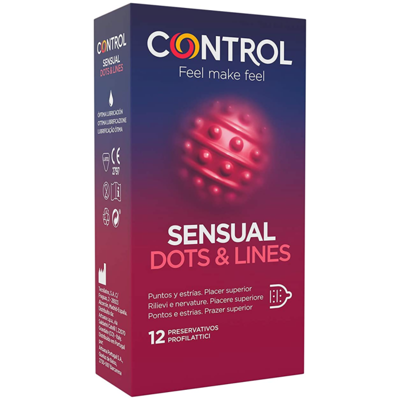 Condones CONTROL Sensual Dots & Lines, paquete de 12 con puntos y estrías para mayor placer y estimulación.