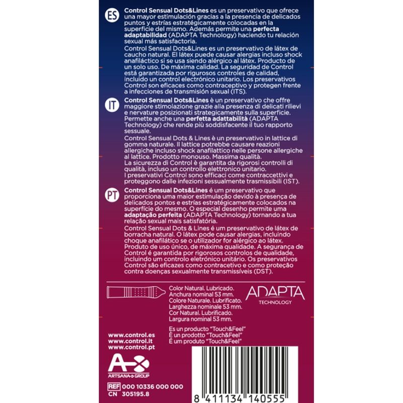 Condones CONTROL Sensual Dots & Lines, paquete de 12 con puntos y estrías para mayor sensibilidad y placer.
