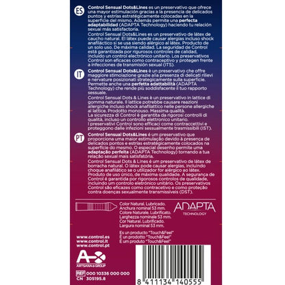 Condones CONTROL Sensual Dots & Lines, paquete de 12 con puntos y estrías para mayor sensibilidad y placer.