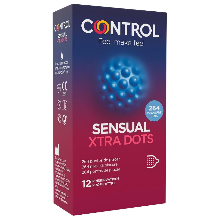 Preservativos CONTROL Xtra Dots, paquete de 12 unidades, con puntos texturizados para mayor sensibilidad y placer.