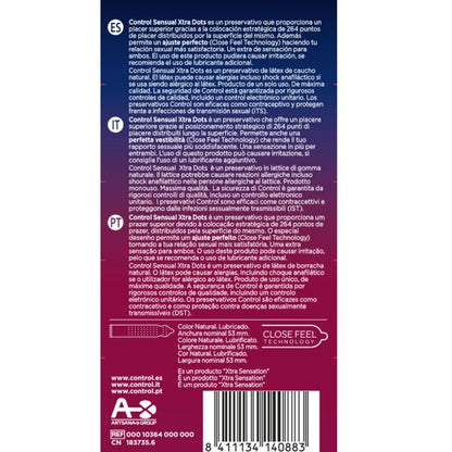 Condones CONTROL XTRA DOTS de 12 unidades con puntos estimulantes para mayor sensibilidad y placer.