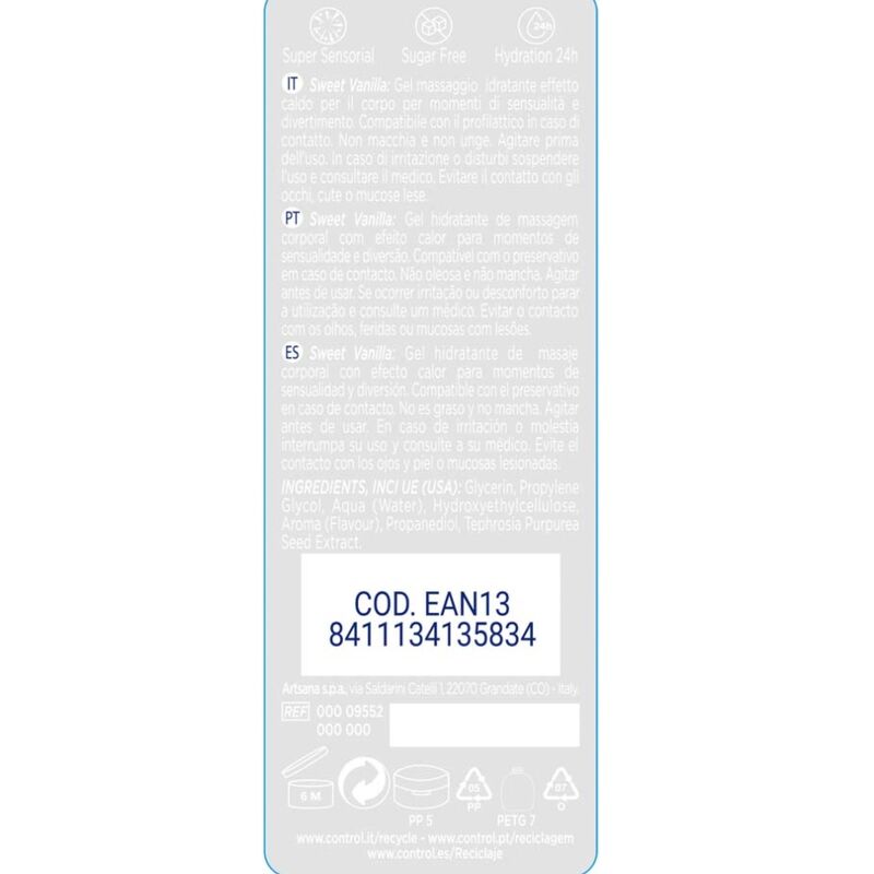Lubricante CONTROL 2 en 1 masaje y placer Madagascar Sweetness 200 ml, en botella con etiqueta blanca y detalles morados