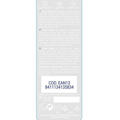 Lubricante CONTROL 2 en 1 masaje y placer Madagascar Sweetness 200 ml, en botella con etiqueta blanca y detalles morados