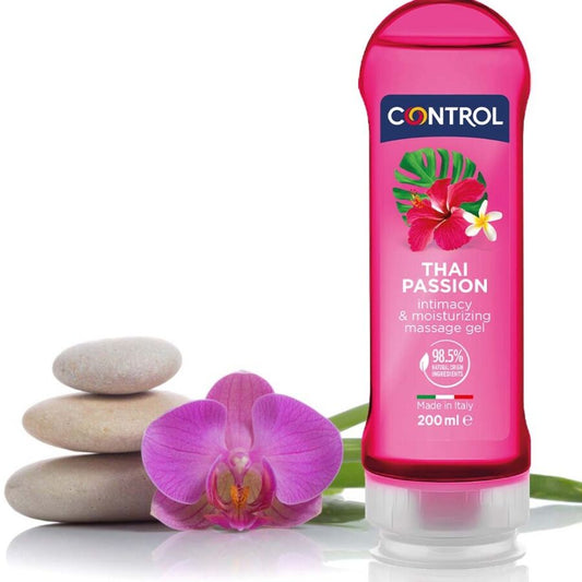 Gel de masaje y placer Thai Passion de CONTROL LUBES, envase de 200 ml con etiqueta y tapa, para uso íntimo y relajante.