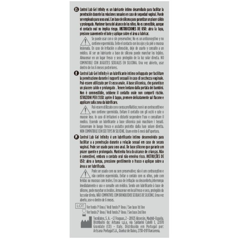 Lubricante de silicona CONTROL INFINITY de CONTROL LUBES, frasco de 75 ml, con textura suave y transparente.