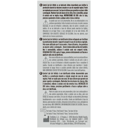 Lubricante de silicona CONTROL INFINITY de CONTROL LUBES, frasco de 75 ml, con textura suave y transparente.
