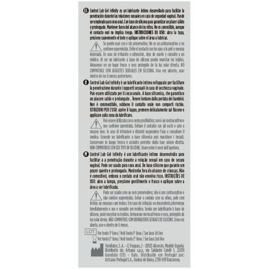 Lubricante de silicona CONTROL INFINITY de CONTROL LUBES, frasco de 75 ml, con textura suave y transparente.