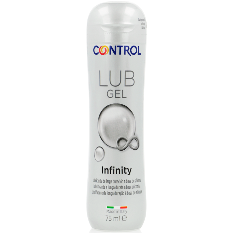 Lubricante de silicona CONTROL INFINITY de 75 ml en envase con botella transparente y tapa negra