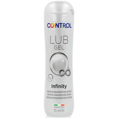 Lubricante de silicona CONTROL INFINITY de 75 ml en envase con botella transparente y tapa negra