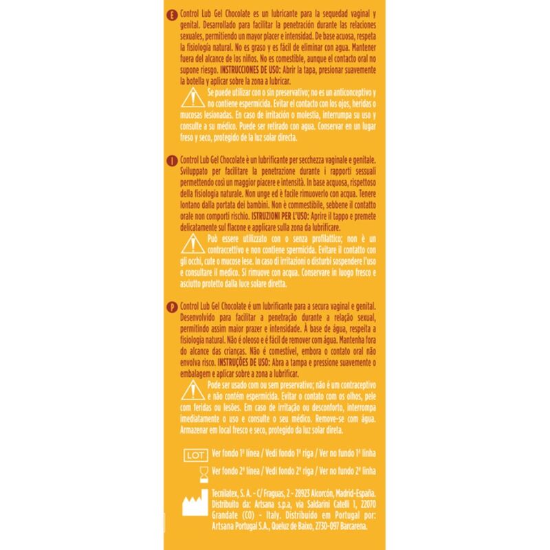 Gel lubricante de chocolate CONTROL LUBES, 75 ml, con textura suave y sabor delicioso para mayor comodidad y placer.