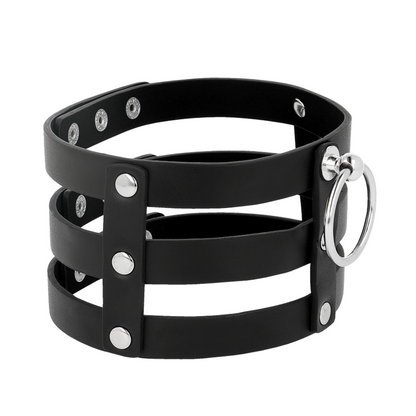 Collar tipo choker de cuero vegano estilo fetiche de la marca COQUETTE ACCESSORIES, con diseño elegante y moderno.