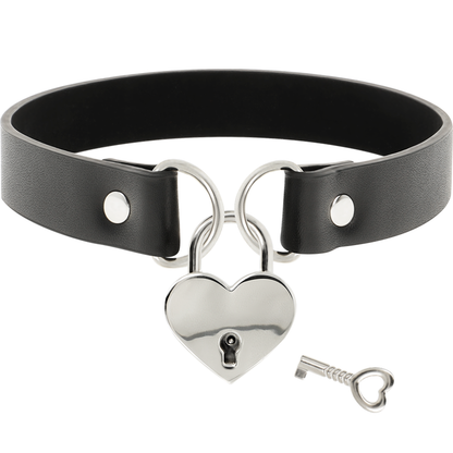 Vegan leather collar with heart and key accessory from Coquette Accessories, featuring a chic design and adjustable fit.