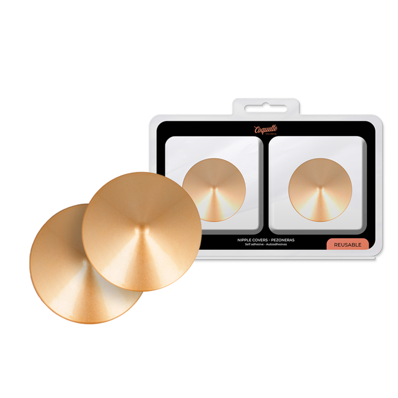 Cubre pezones metálicos con círculos dorados de la marca Coquette Accessories, estilo chic y elegante para mujer.
