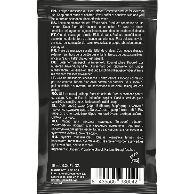 Aceite de masaje kissable Coquette Chic Desire con efecto calor y piruleta, botella de 10 ml, ideal para sensuales momentos.