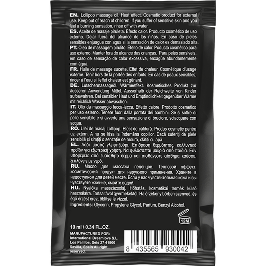 Aceite de masaje kissable Coquette Chic Desire con efecto calor y piruleta, botella de 10 ml, ideal para sensuales momentos.