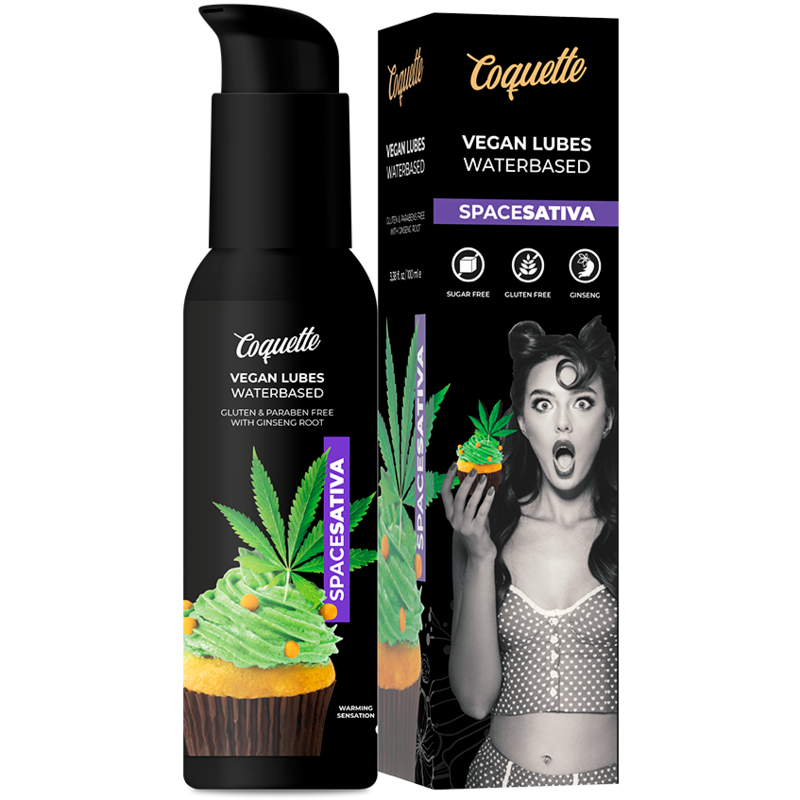 Lubricante vegano Coquette Chic Desire Space Sativa de 100 ml, botella con envase transparente y diseño elegante.