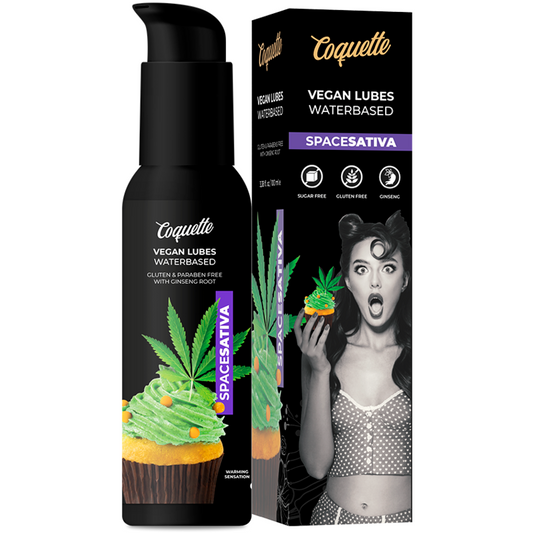 Lubricante vegano Coquette Chic Desire Space Sativa de 100 ml, botella con envase transparente y diseño elegante.