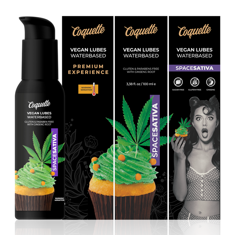 Lubricante vegano Coquette Chic Desire Space Sativa en envase de 100 ml, con diseño elegante y logo de la marca.