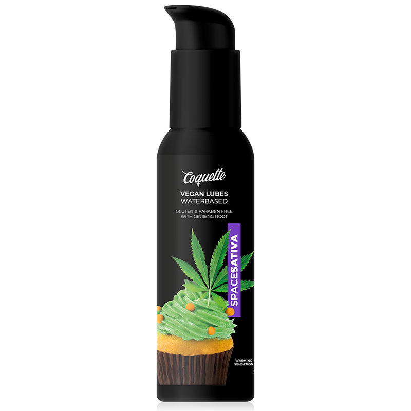 Lubricante vegano Space Sativa Coquette Chic Desire, 100 ml, botella con etiqueta y tapa, en fondo neutro.