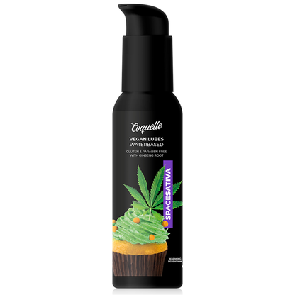 Lubricante vegano Space Sativa Coquette Chic Desire, 100 ml, botella con etiqueta y tapa, en fondo neutro.