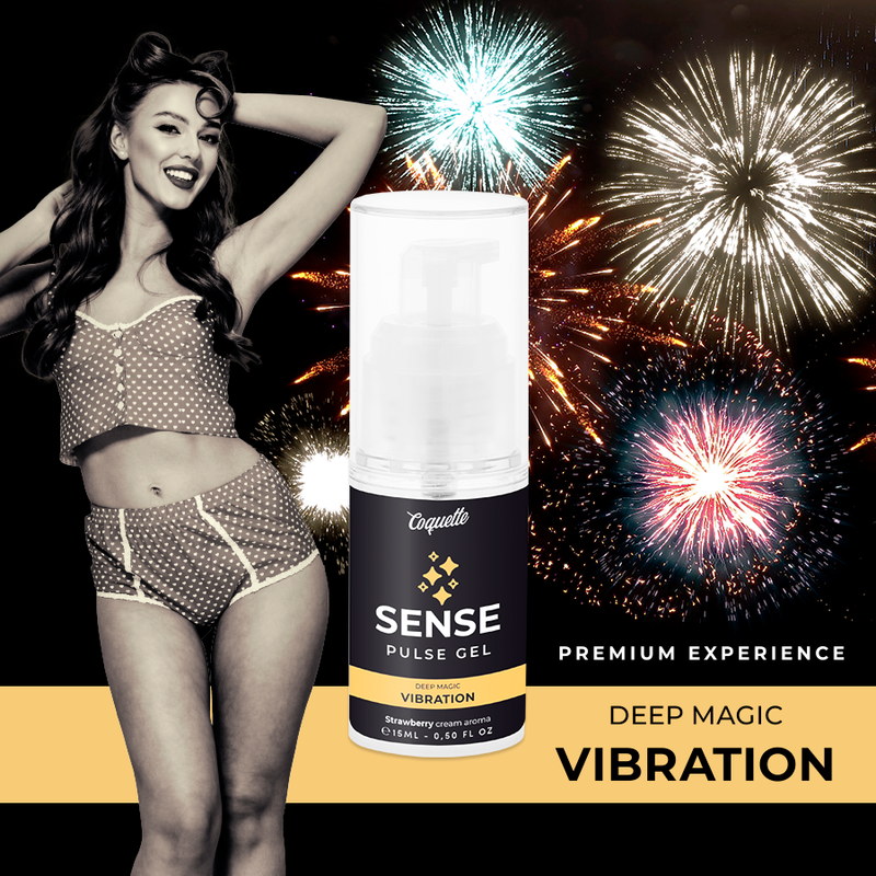 Gel vibrador líquido de fresa Coquette Chic Desire de 15ml, con diseño elegante y envase de color rojo y dorado.
