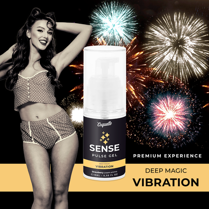 Gel vibrador líquido de fresa Coquette Chic Desire de 15ml, con diseño elegante y envase de color rojo y dorado.