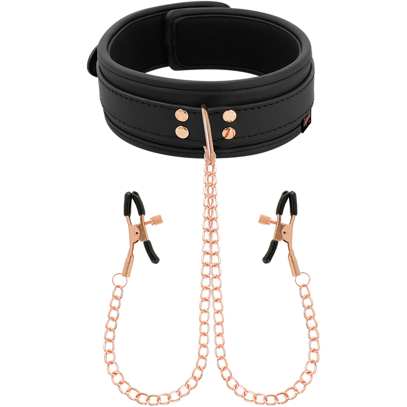 Collar coqueto de la marca Coquette Fantasy con pinzas para pezones y forro de neopreno, diseño elegante y seductor.