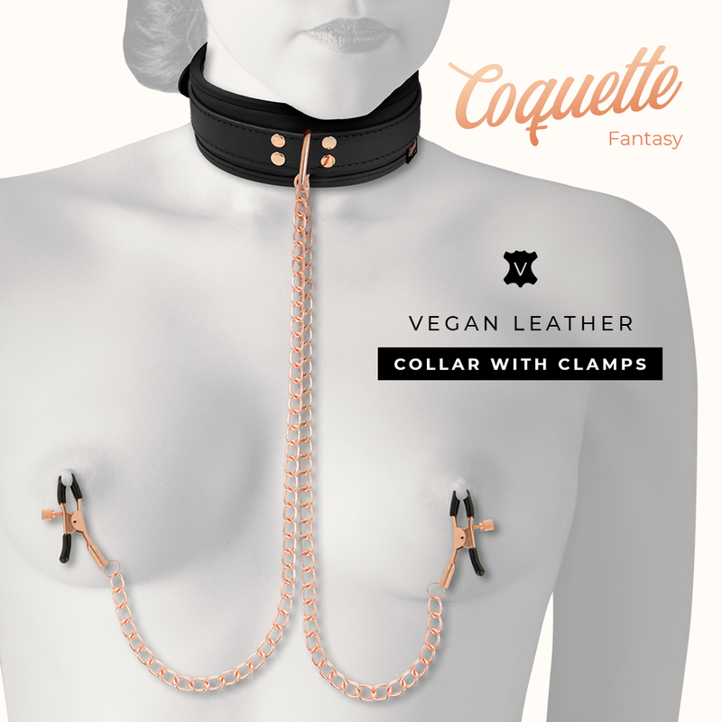 Collar de fantasía Coquette Fantasy Chic Desire con pinzas para pezones y forro de neopreno, diseñado para uso sensual y cómodo.