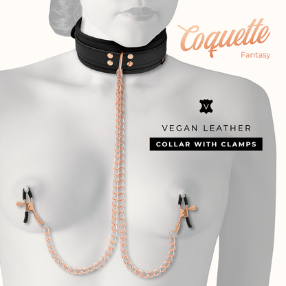 Collar de fantasía Coquette Fantasy Chic Desire con pinzas para pezones y forro de neopreno, diseñado para uso sensual y cómodo.