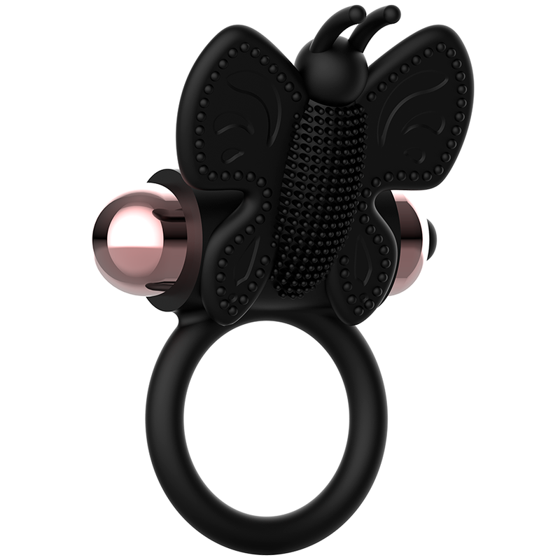 Anillo vibrador negro y dorado Coquette Chic Desire con diseño mariposa, para estimulación íntima y placer.