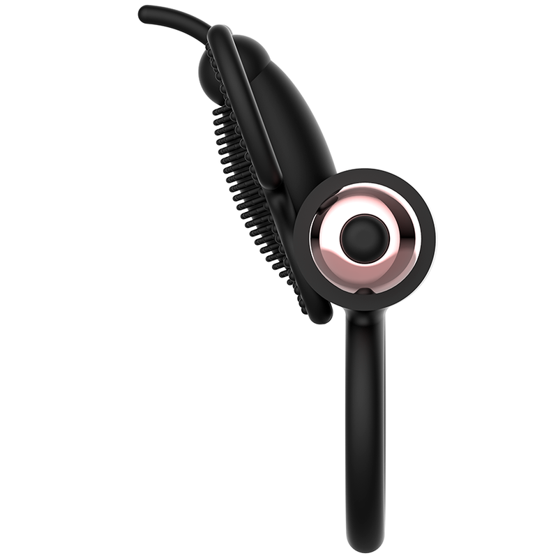 Anillo vibrador negro y dorado con mariposa, juguete sexual Coquette Toys Coquette Chic Desire, vista de frente.