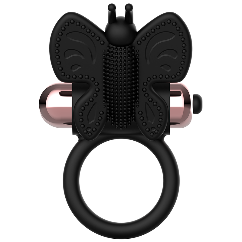 Anillo vibrador negro y dorado Coquette Chic Desire con mariposa, diseñado para placer y estimulación.