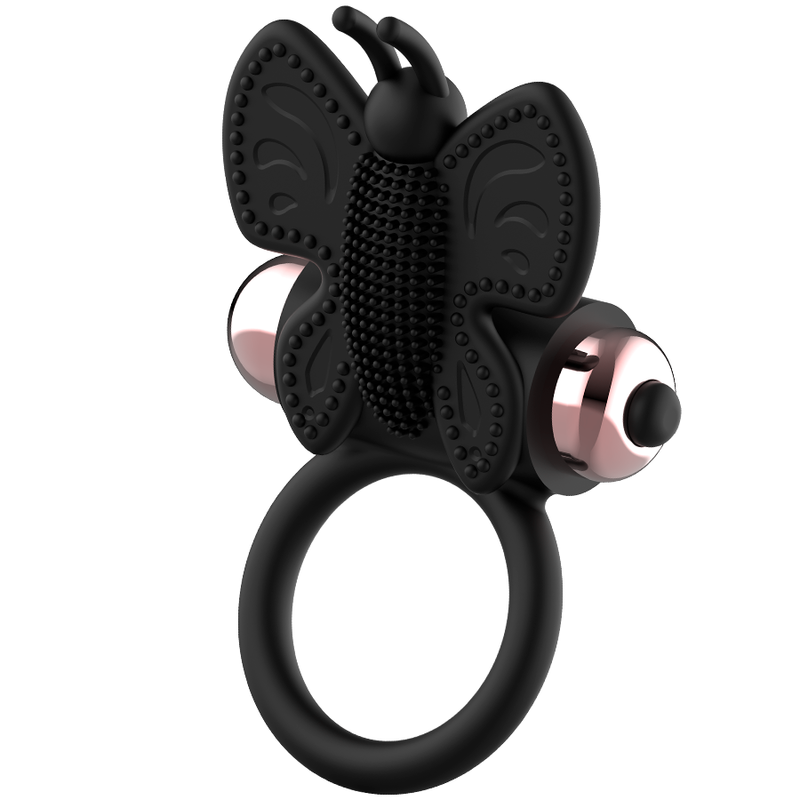 Anillo vibrador negro y dorado Coquette Chic Desire con diseño mariposa para placer íntimo y estimulación.