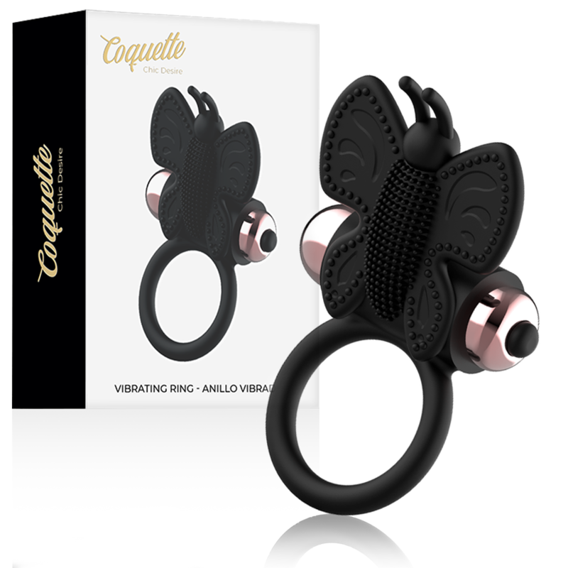 Anillo vibrador negro y dorado Coquette Chic Desire con diseño mariposa, para placer íntimo y estimulación.
