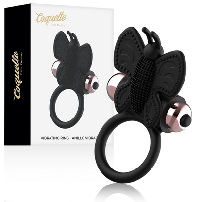 Anillo vibrador negro y dorado Coquette Chic Desire con diseño mariposa, para placer íntimo y estimulación.